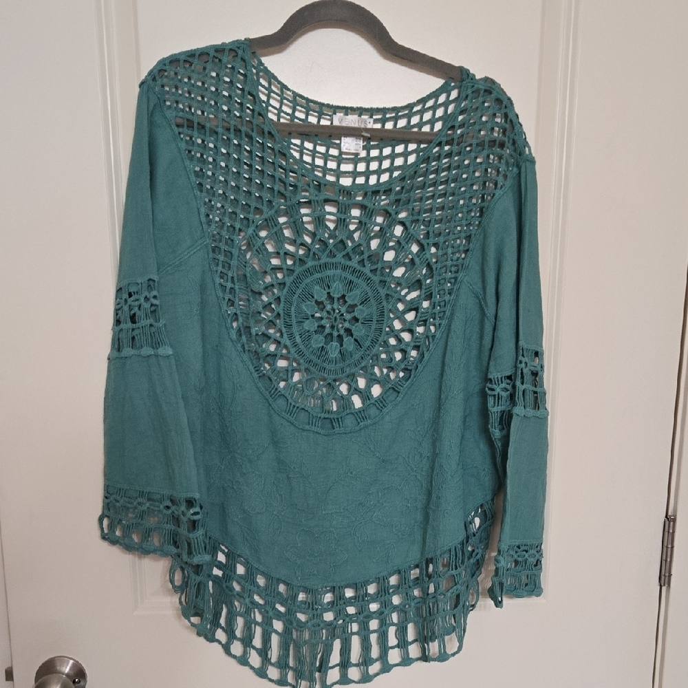 VENUS Teal Crochet Lace Boho Blouse